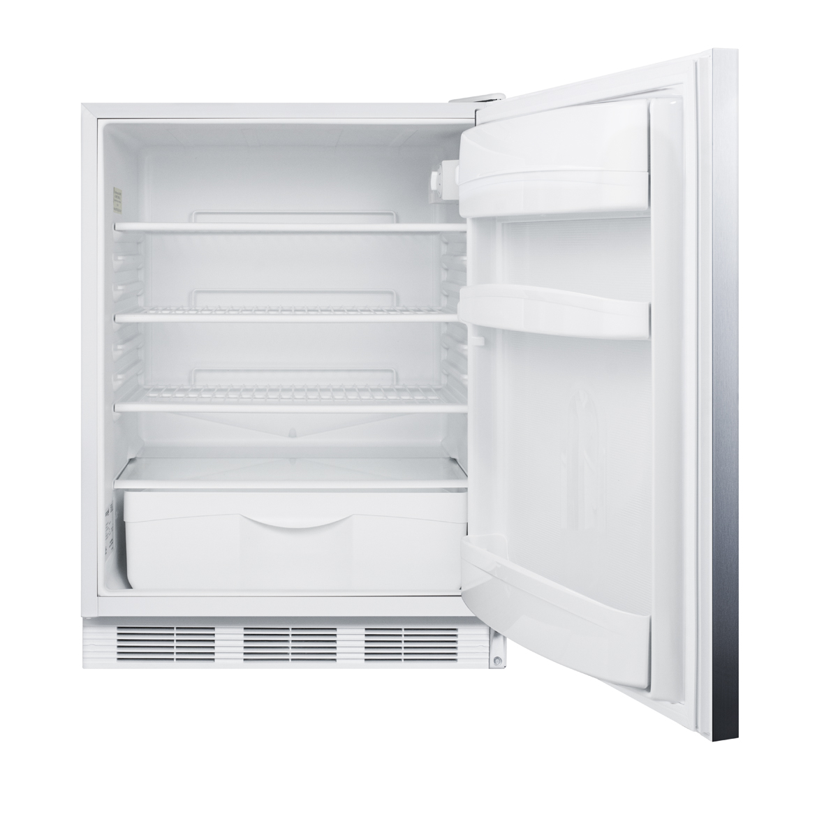 ADA compliant commercial all-refrigerator for freestanding general purpose use, auto defrost with lock, SS wrapped door, horizontal handle, and white cabinet